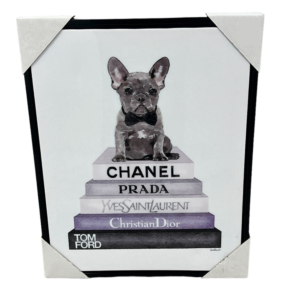 NEW Frenchie on a Stack of Luxury Designer Books Framed Canvas Art 16x20
